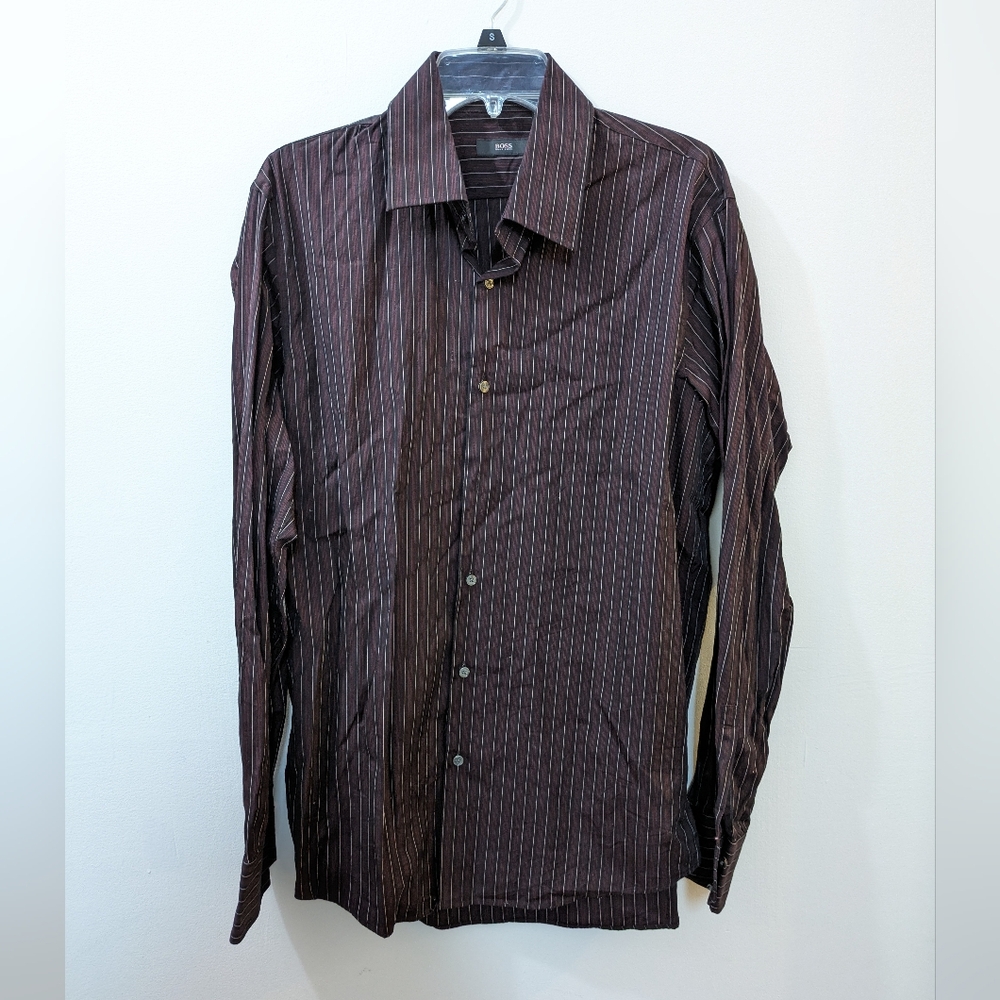 Hugo Boss Long Sleeve Button Down Shirt Burgundy Black Stripes Mens 16.5 34/35